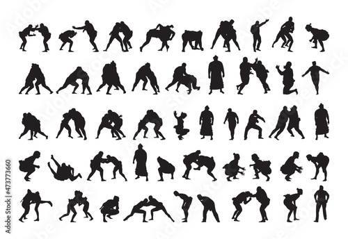 Collection of black silhouettes of people practicing sumo. Shadows of the fighting men on a white background. Martial arts illustrations.