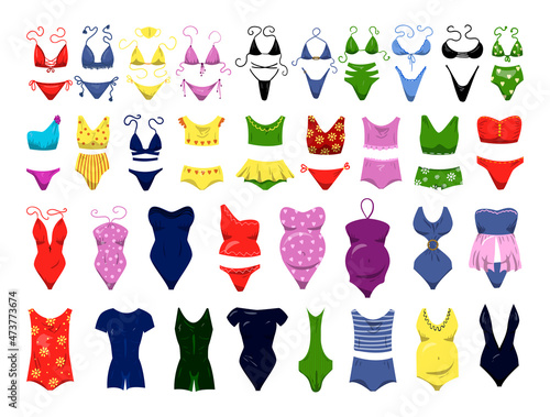 Collection of swimwear and bikinis for women and girls in flat style.
