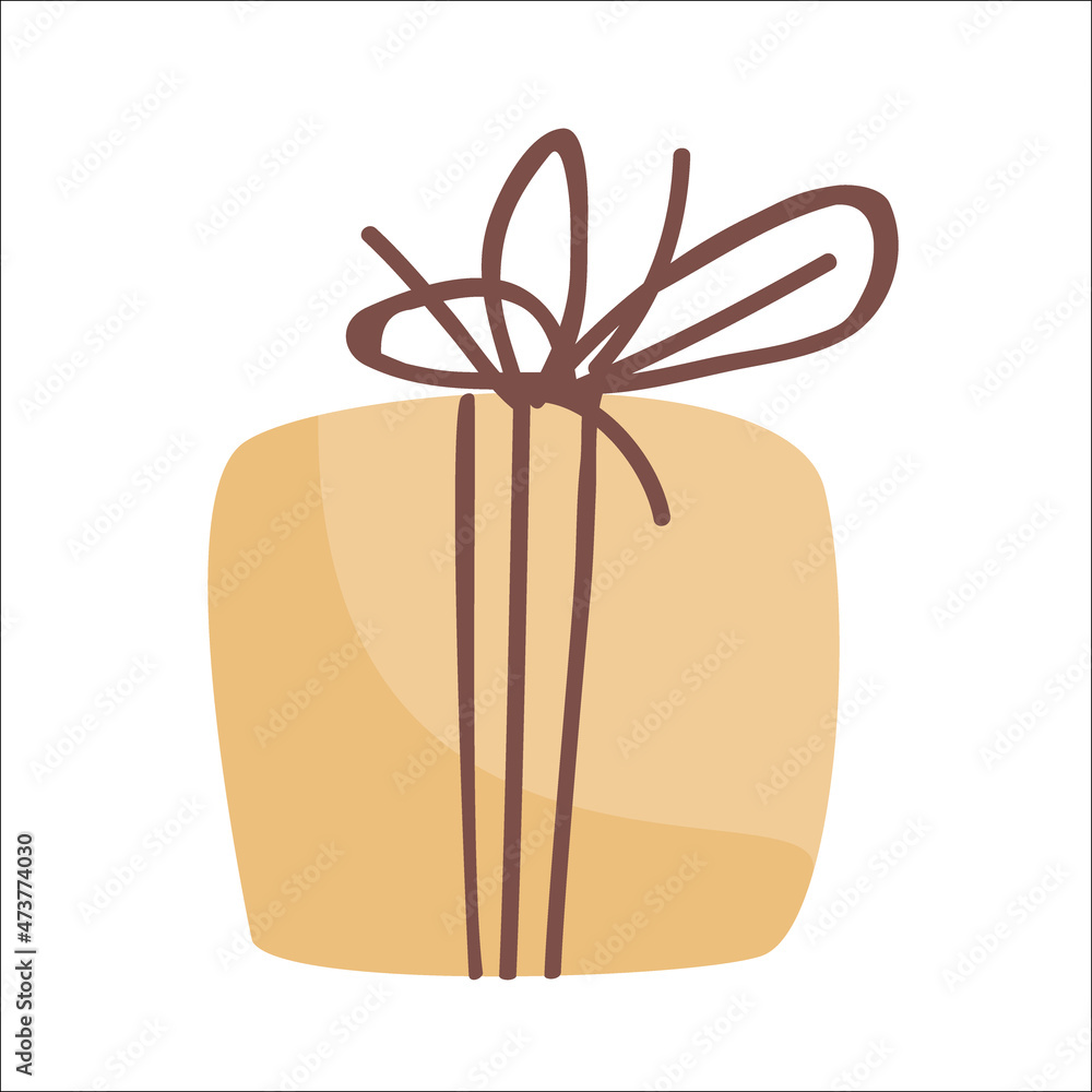 Present yellow box with brown rope. Doodle hand drawn style