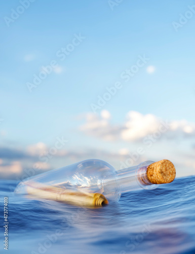 Message in a glass bottle floating on the ocean 3d render
