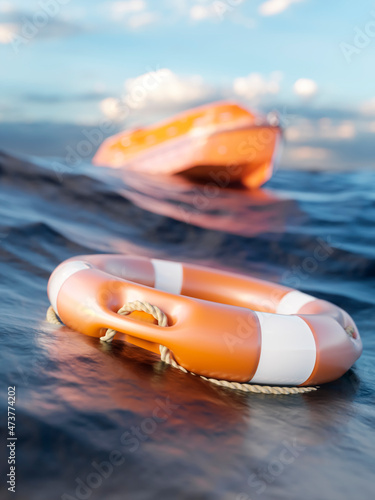 Φωτογραφία Orange rescue ring and emergency life boat in the ocean waiting for rescue 3d re