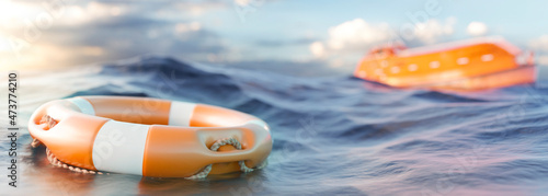 Konstfotografi Orange rescue ring and emergency life boat in the ocean waiting for rescue 3d re