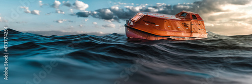 Photography Orange rescue ring floating on large waves in the ocean 3d render