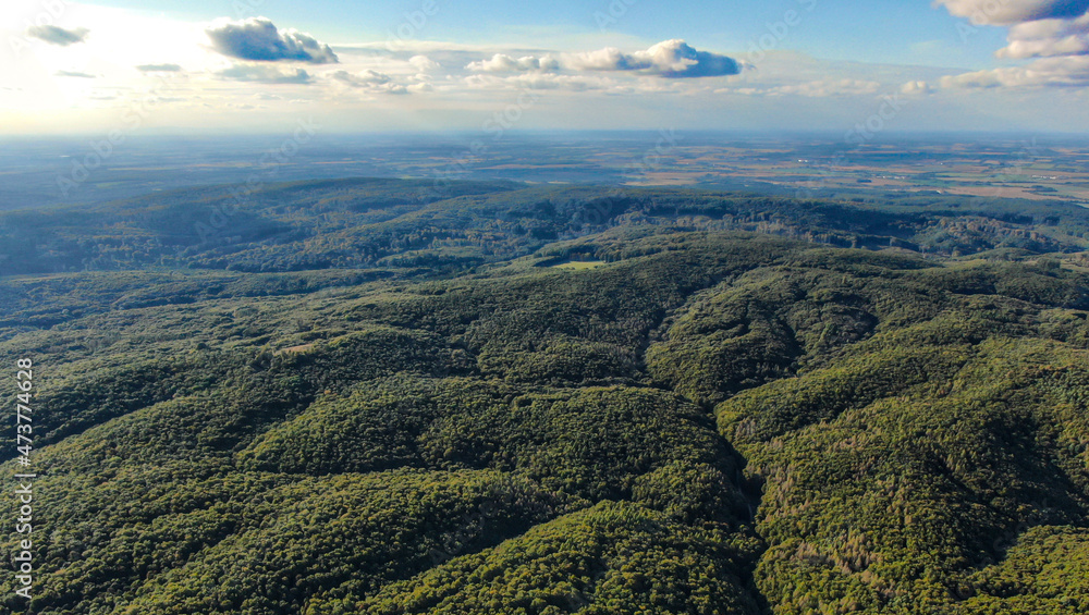 Fototapeta premium Aerial view of the Bakony Mountains in Western Hungary