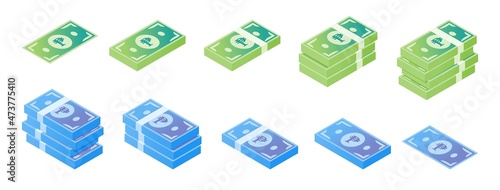 Philippine Peso Banknote Isometric Icon Set
