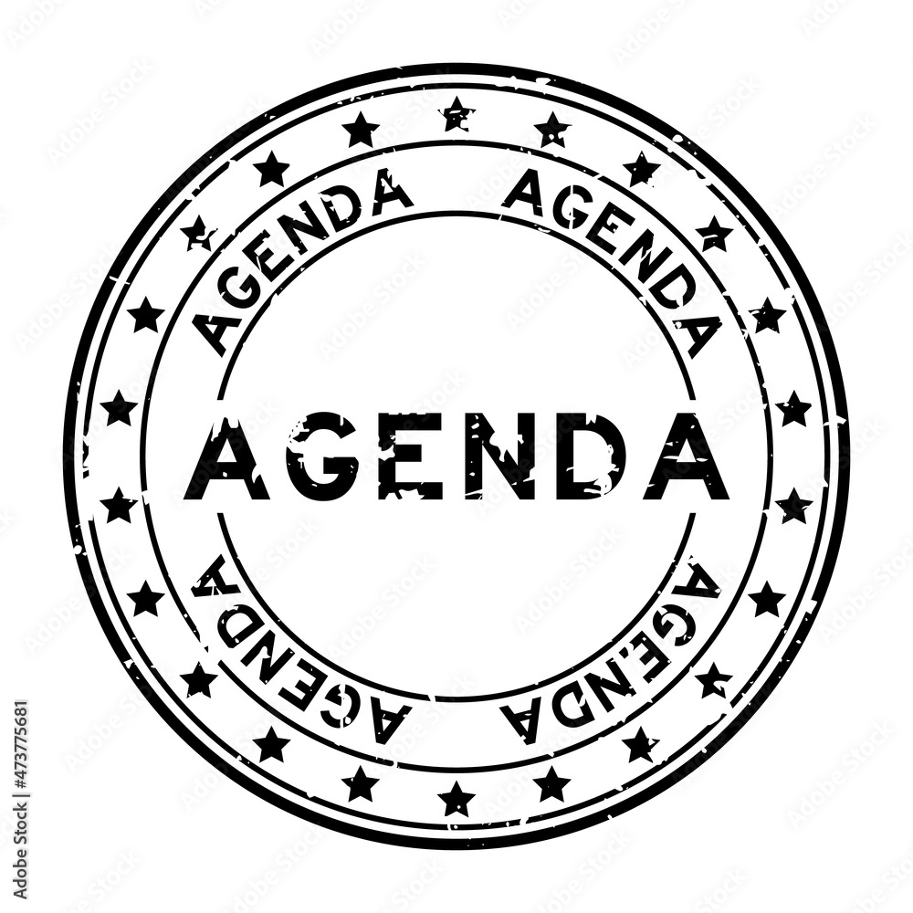 Grunge black agenda word round rubber seal stamp on white background