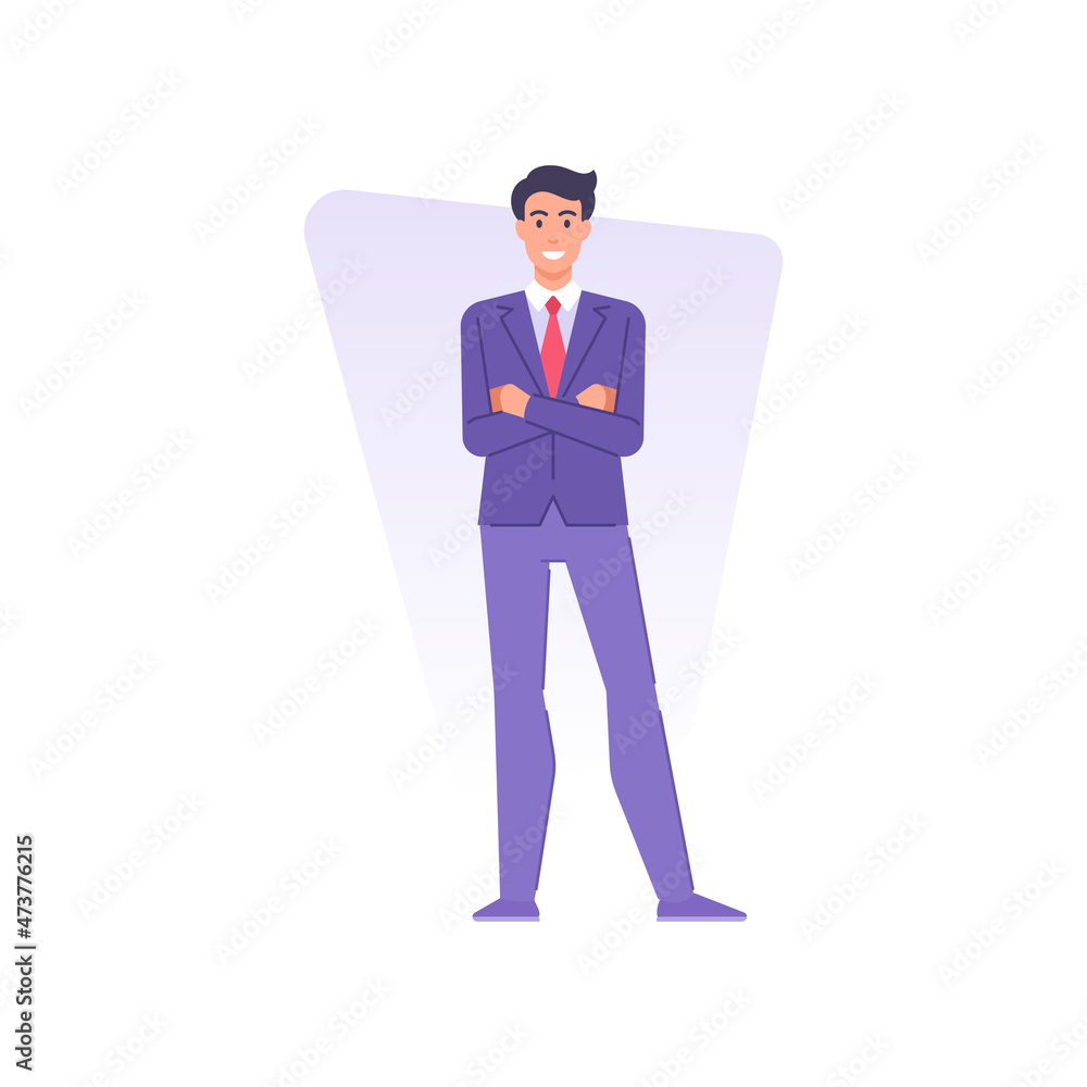 Confident fashionable young businessman standing with crossed hands vector flat illustration
