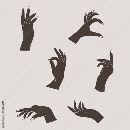 Minimalist bohemian feminine hands vector set for gestures
