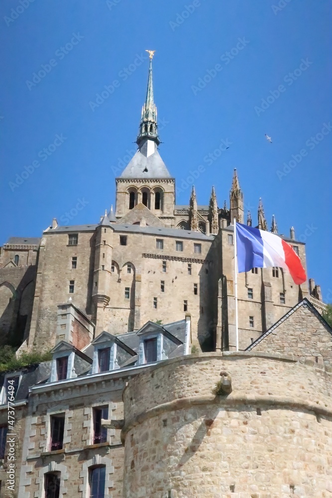 Mont saint michel architecture panoramic beautiful postcard view at Dusk in Summer Low Tide, France