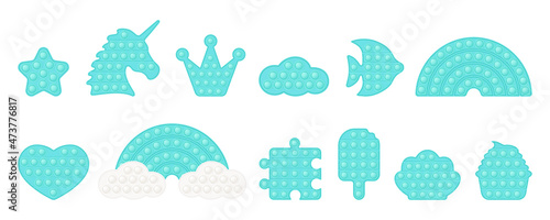 Set of blue popit shapes - birthday, crown, rainbow, heart, star, unicorn, cake. Pop it a trendy pastel fidget toys. Addictive anti stress toy in colorful colors. Bubble sensory fashionable toy