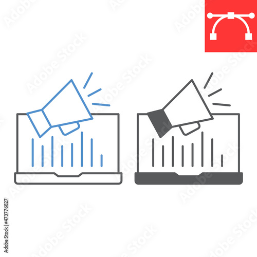 Online marketing line and glyph icon, promotion and business, laptop with megaphone vector icon, vector graphics, editable stroke outline sign, eps 10.