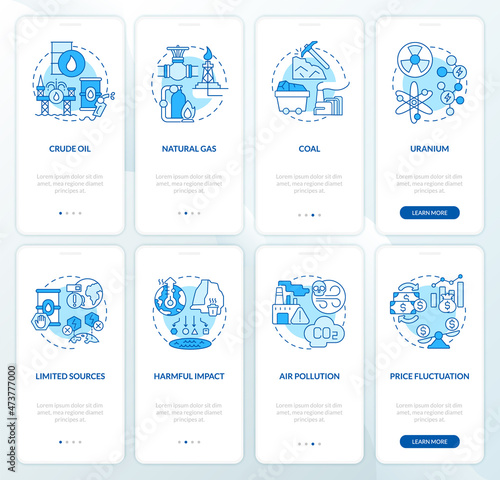 Energy sources and ecology issues onboarding mobile app page screen set. Power walkthrough 4 steps graphic instructions with linear concepts. UI, UX, GUI template. Myriad Pro-Bold, Regular fonts used