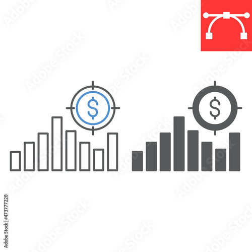 Sales target line and glyph icon, graph and target with dollar, diagram vector icon, vector graphics, editable stroke outline sign, eps 10.