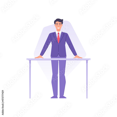 Smiling stylish politician in suit tie standing behind tribune ready public speech agitation vector