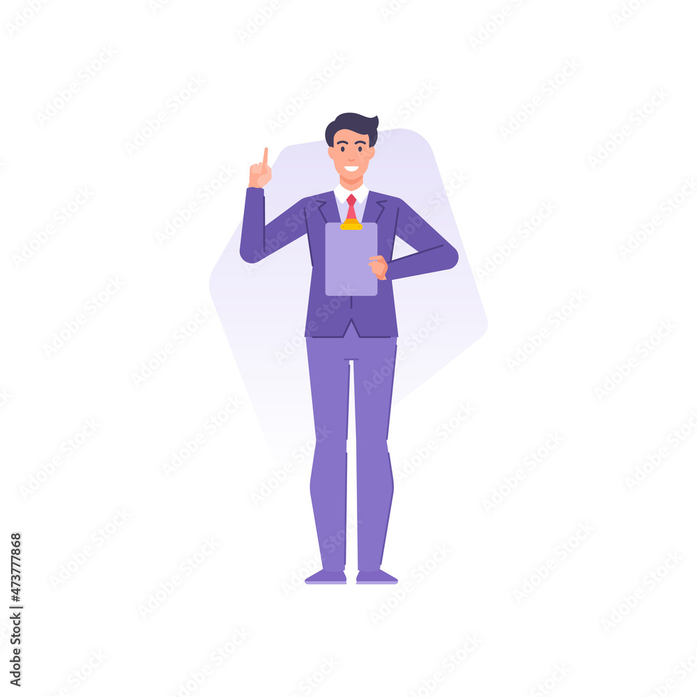 Smiling business male speaker holding clipboard with forefinger pointer public performance report