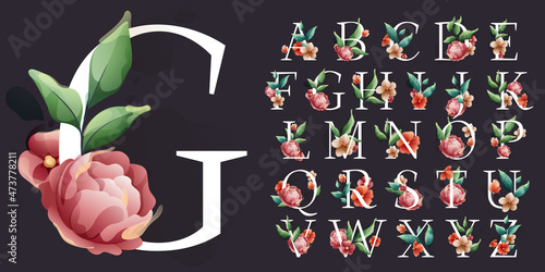 Serif alphabet in watercolor style with flowers and leaves. Herbs like peonies, and chamomile, and buds.