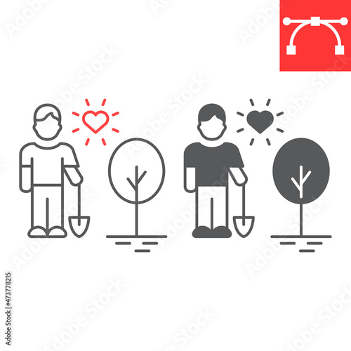 Man planting tree line and glyph icon, garden and volunteering, volunteer planting tree vector icon, vector graphics, editable stroke outline sign, eps 10.