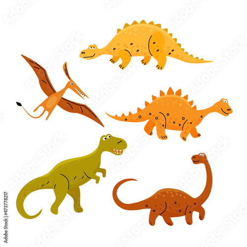 Fototapeta Naklejka Na Ścianę i Meble -  Set of five Dinosaurs cartoon cute characters. Vector color isolated illustration on white background in flat style with lines.	