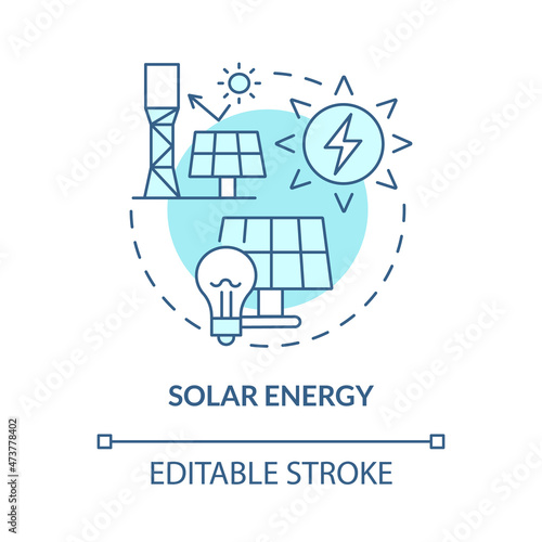 Solar energy turquoise blue concept icon. Eco-friendly tech. Renewable energy abstract idea thin line illustration. Isolated outline drawing. Editable stroke. Roboto-Medium, Myriad Pro-Bold fonts used