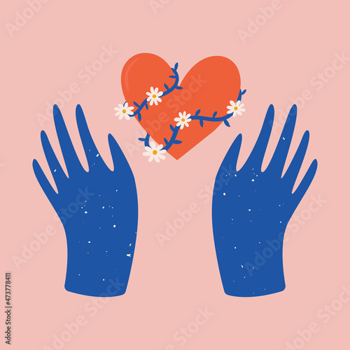 Abstract boho hands and heart symbol with bindweed. Psychedelic concept of love, peace and meditation. Hand drawn valentine day illustration
