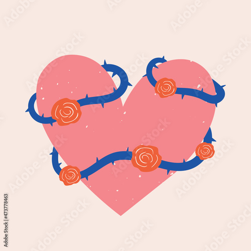 Hand drawn boho heart entwined with abstract rose flower with thorns. Psychedelic doodle illustration of love symbol. Valentine day concept