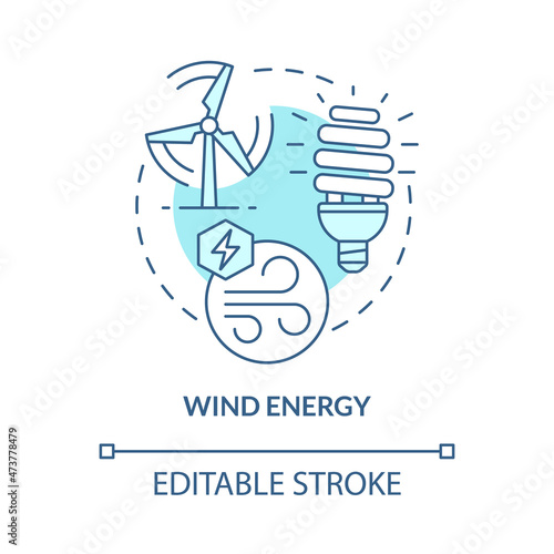 Wind energy turquoise blue concept icon. Green technology. Renewable energy abstract idea thin line illustration. Isolated outline drawing. Editable stroke. Roboto-Medium, Myriad Pro-Bold fonts used