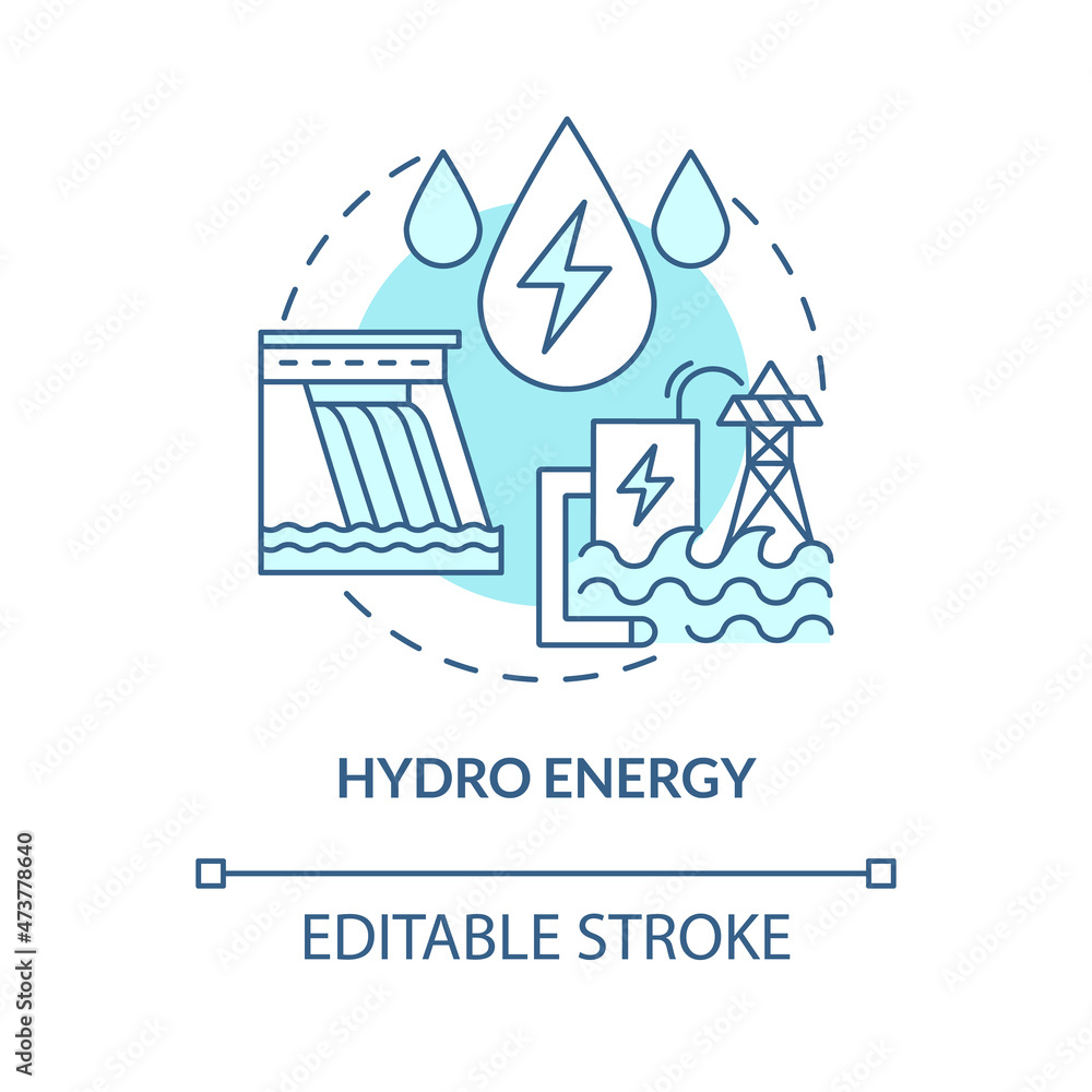 Fototapeta premium Hydro energy turquoise blue concept icon. Hydroelectric power station abstract idea thin line illustration. Isolated outline drawing. Editable stroke. Roboto-Medium, Myriad Pro-Bold fonts used