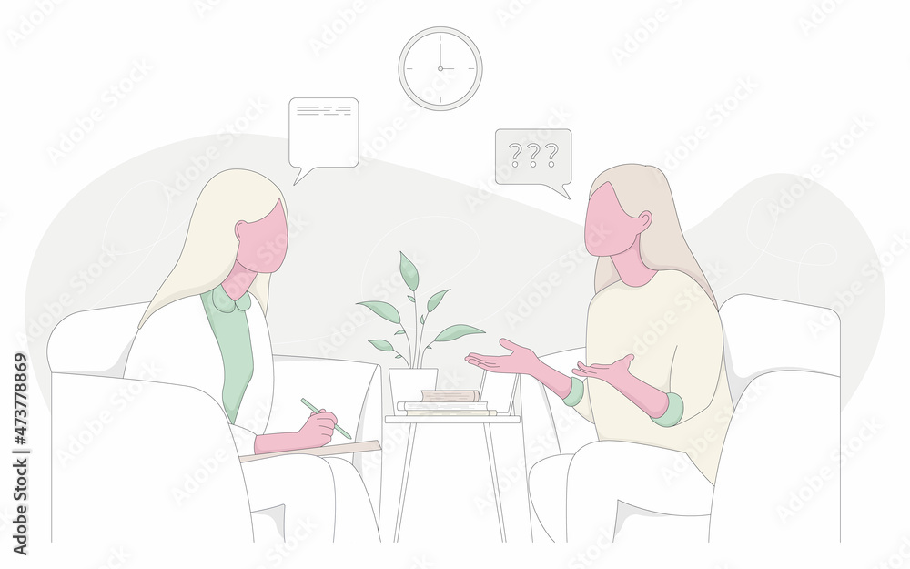 Woman talks during a mental therapy session with her psychotherapist or psychologist. Female psychologist has an individual meeting with her patient. Vector illustration.