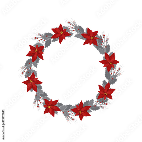 Round Christmas frame from branches, red poinsettia flower, silver holly leaf and berries decoration. Festive decoration for New Year and winter holidays. Vector flat illustration © Екатерина Полякова