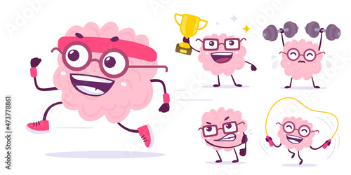 Vector set of creative illustration of happy and angry brain character in different pose. Flat doodle style knowledge concept design of emotional brain in glasses with golden cup and dumbbell