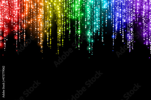 Rainbow glitter disco decoration, rain tinsel garland on black background. Vector