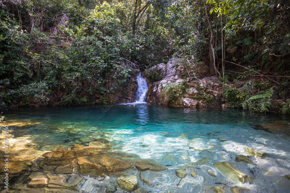 View of the beautiful Cachoeira de Santa Barbara (Saint Barbara Waterfall) at Chapada dos Veadeiros - Cavalcante, Goiás, Brazil View of the beautiful Cachoeira de Santa Barbara (Saint Barbara Waterfall) at Chapada dos Veadeiros - Cavalcante, Goiás, Brazil