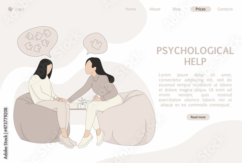 Psychological help landing page concept. Woman talks during a mental therapy session with her psychotherapist or psychologist. Vector illustration.