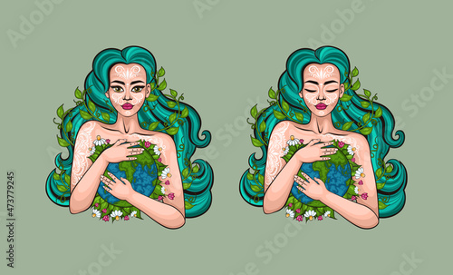 Mother earth day poster with hand holding planet,Nature fo woman. Nature girl hugging smiling Earth planet. Love you planet concept.