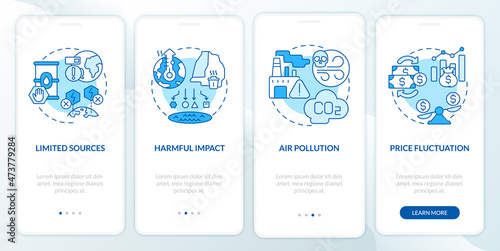 Limited energy sources disadvantages onboarding mobile app page screen. Power walkthrough 4 steps graphic instructions with linear concepts. UI, UX, GUI template. Myriad Pro-Bold, Regular fonts used
