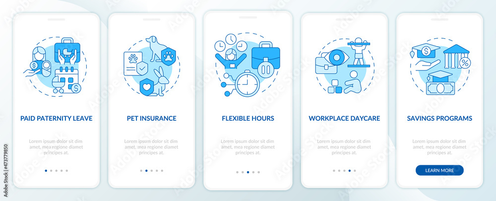 Family bonuses onboarding mobile app page screen. Flexible hours walkthrough 5 steps graphic instructions with linear concepts. UI, UX, GUI template. Myriad Pro-Bold, Regular fonts used