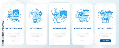 Family bonuses onboarding mobile app page screen. Flexible hours walkthrough 5 steps graphic instructions with linear concepts. UI, UX, GUI template. Myriad Pro-Bold, Regular fonts used