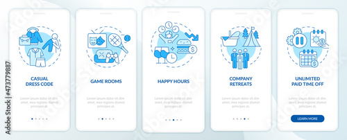 Workplace perks onboarding mobile app page screen. Unlimited paid time off walkthrough 5 steps graphic instructions with linear concepts. UI, UX, GUI template. Myriad Pro-Bold, Regular fonts used