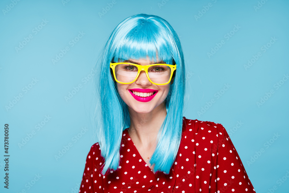 cheerful woman purple hair yellow glasses fashion glamor cheerful woman purple hair yellow glasses fashion glamor