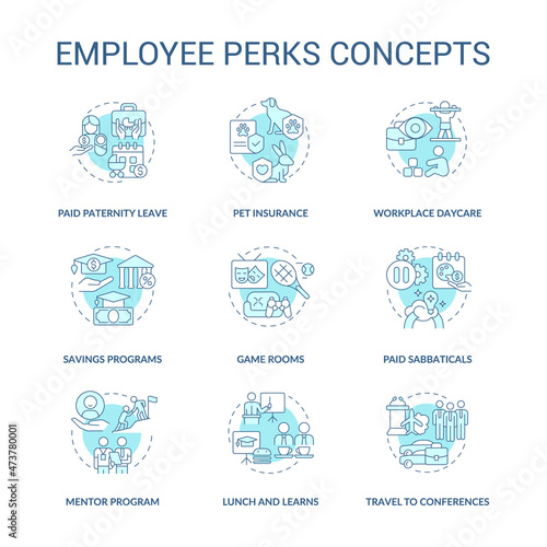 Employee non-wage benefits concept icons set. Job advantages. Staff bonuses idea thin line color illustrations. Isolated outline drawings. Editable stroke. Roboto-Medium, Myriad Pro-Bold fonts used