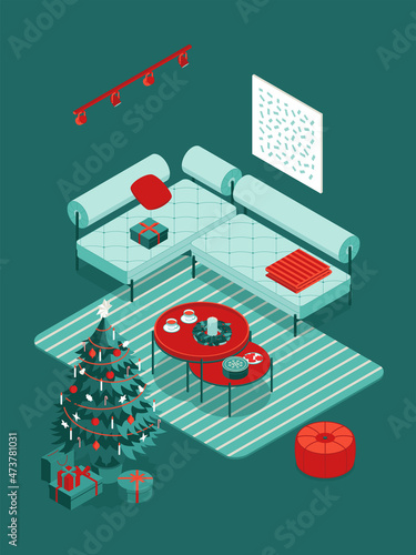 Colorful isometric Christmas illustration showing an interior with furniture and Christmas decorations. Vector illustration in flat design. Holiday season picture in red, blue and white. 