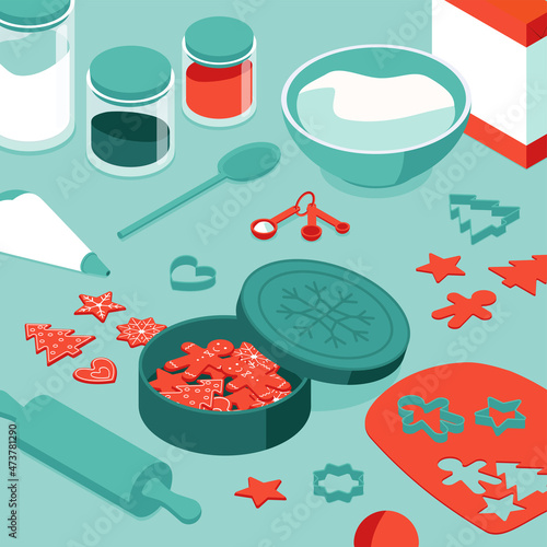Colorful isometric Christmas illustration - baking gingerbread cookies. Vector illustration in flat design. Holiday season picture in red, blue and white. 