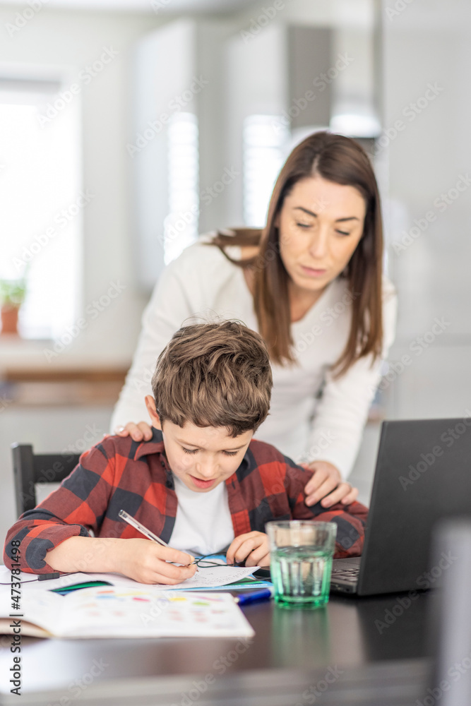 Mother assisting son studying at home Mother assisting son studying at home
