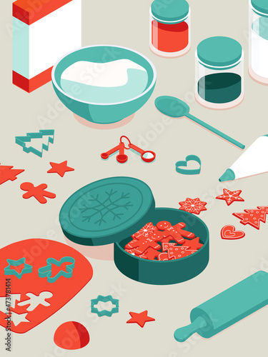 Colorful isometric Christmas illustration - baking gingerbread cookies. Vector illustration in flat design. Holiday season picture in red, blue and white. 