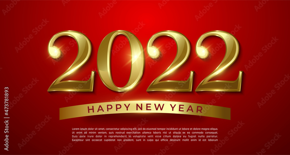 2022 Happy New Year golden shine 2022 lettering on red background