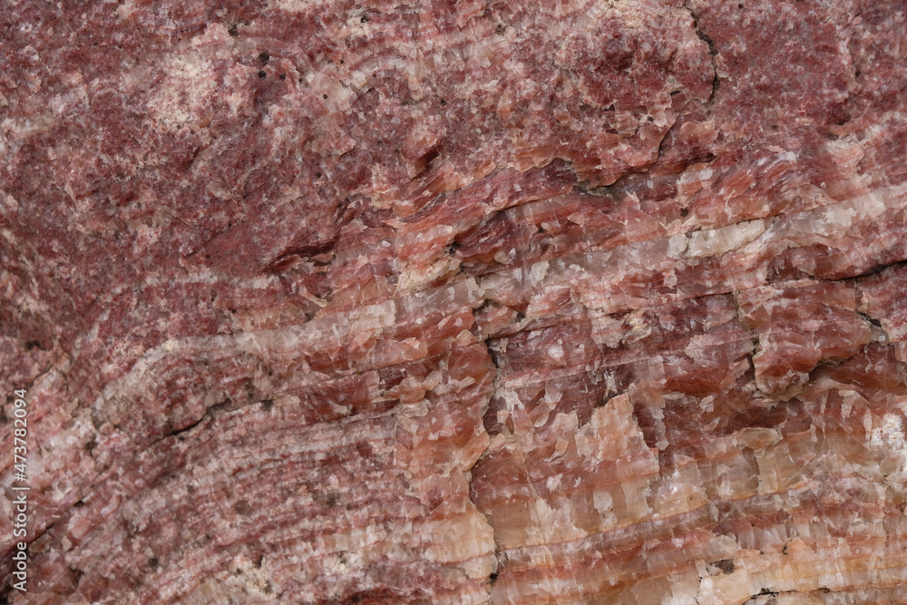 Fototapeta premium The texture of a red mineral. Gneiss rock. Layers. Selective focus.