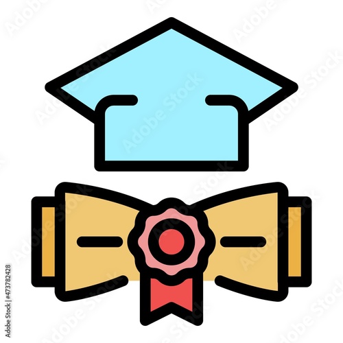 Graduation diploma and hat icon. Outline graduation diploma and hat vector icon color flat isolated