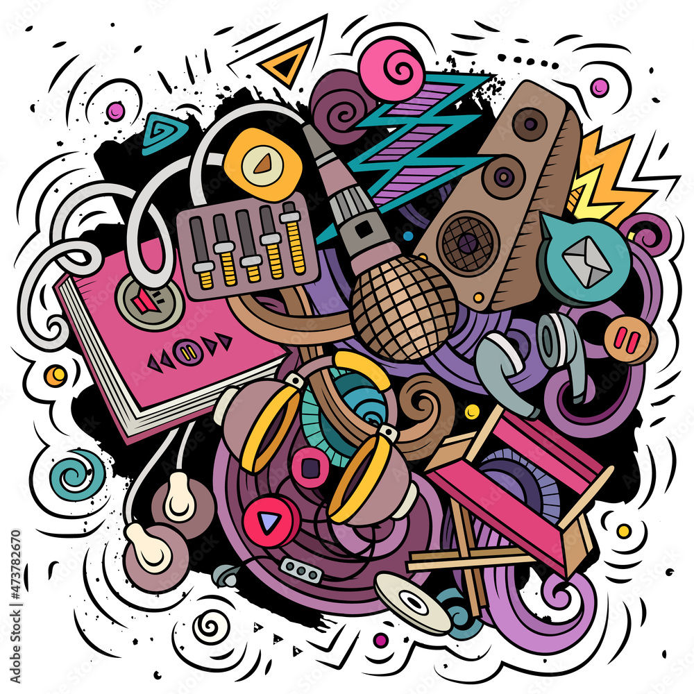 Fototapeta premium Audio content cartoon doodles illustration. Funny design.