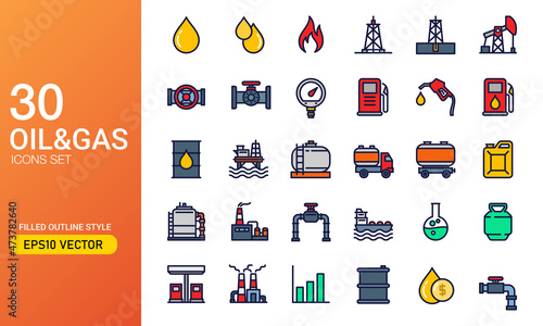 Oil and gas industry icon set. Filled outline style of energy company icon collection. Suitable for design element of oil mining, refinery and fuel production.