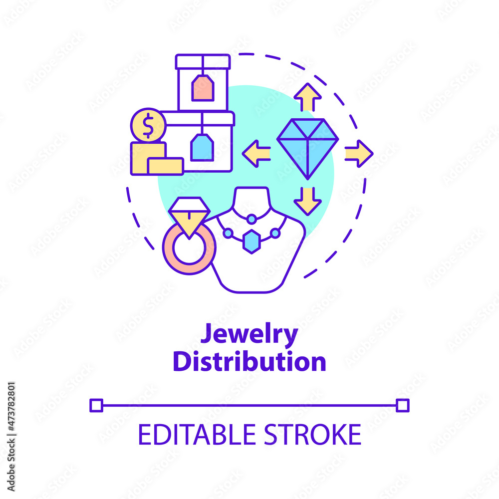 Jewelry distribution concept icon. Luxury accessories wholesale. Delivery business service abstract idea thin line illustration. Vector isolated outline color drawing. Editable stroke Jewelry distribution concept icon. Luxury accessories wholesale. Delivery business service abstract idea thin line illustration. Vector isolated outline color drawing. Editable stroke